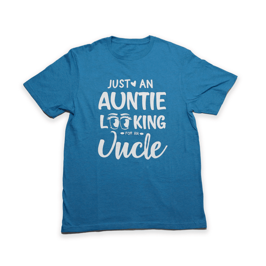 Blue Auntie Looking For Uncle Tee with playful slogan print front view