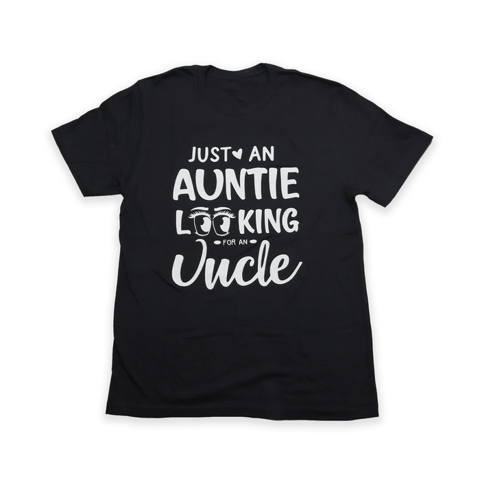 Black Auntie Looking For Uncle Tee with white slogan text front view
