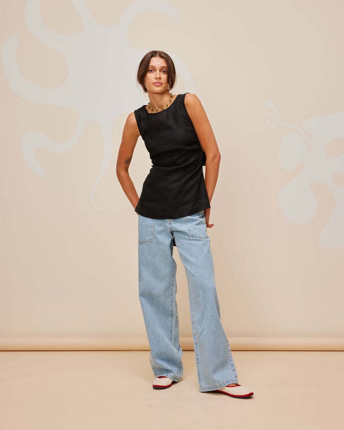 AVA LINEN BOW TOP BLACK