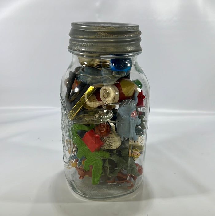 Ball Mason Quart Jar with Lid filled with Colorful Small Collectables Vintage Decor