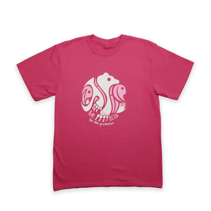 Be The Bear, Be the Protector - Pink Shirt Day 2024 Unisex Tee featuring a graphic design on a pink shirt.