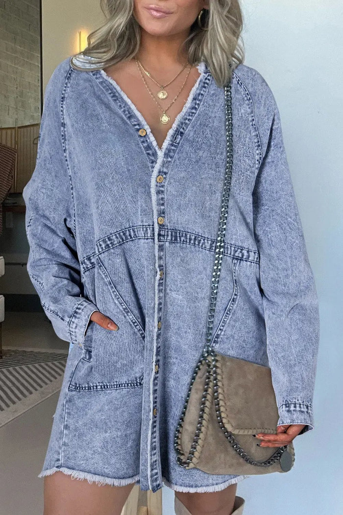 Beau Blue Mineral Wash Long Sleeve Button Up Raw Hem Pocketed Denim Dress - BEAU BLUE / S / 82% COTTON + 10% POLYESTER