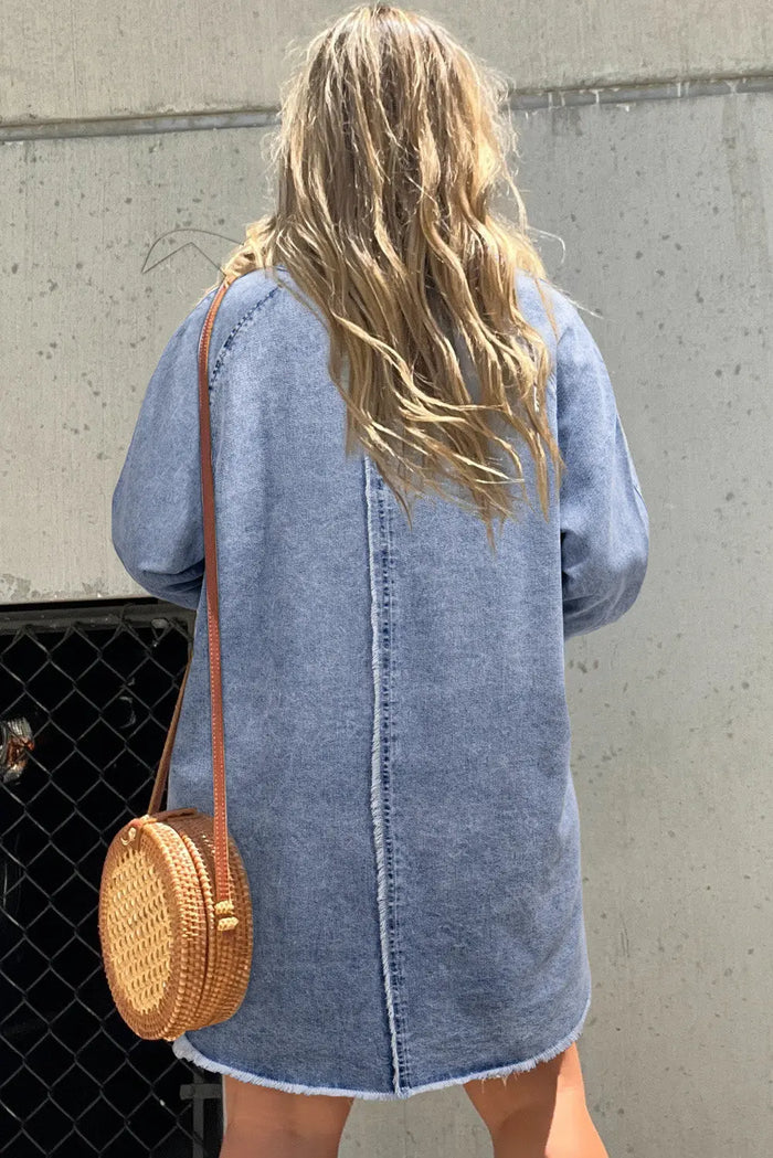 Beau Blue Mineral Wash Long Sleeve Button Up Raw Hem Pocketed Denim Dress - Dresses/Mini Dresses