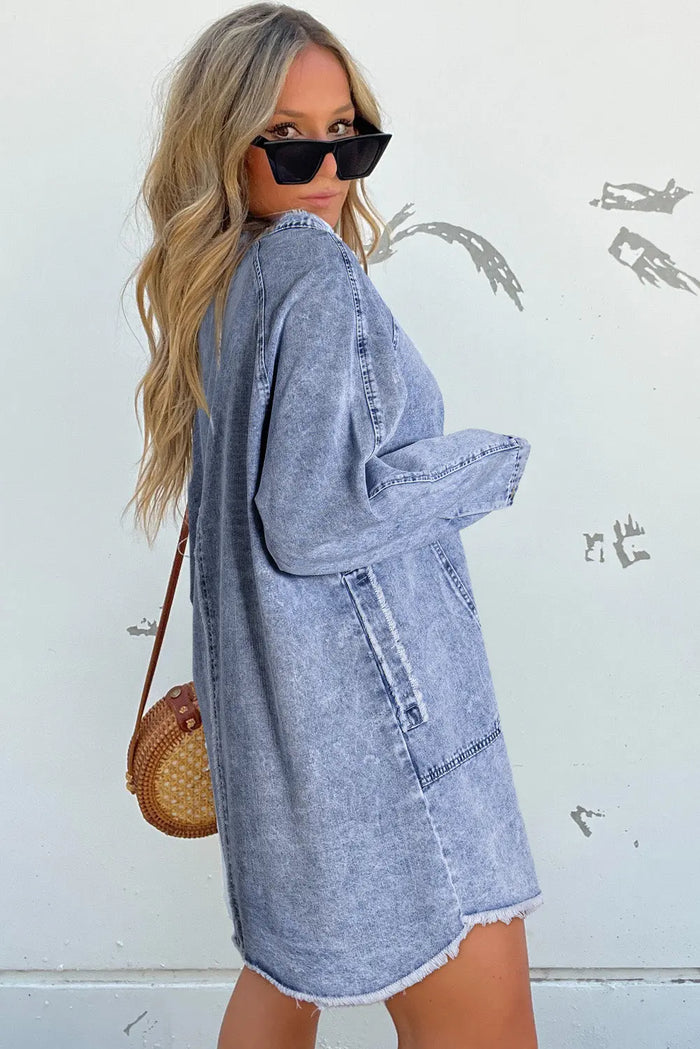 Beau Blue Mineral Wash Long Sleeve Button Up Raw Hem Pocketed Denim Dress - Dresses/Mini Dresses