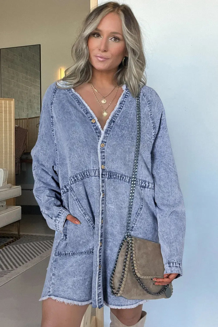 Beau Blue Mineral Wash Long Sleeve Button Up Raw Hem Pocketed Denim Dress - Dresses/Mini Dresses
