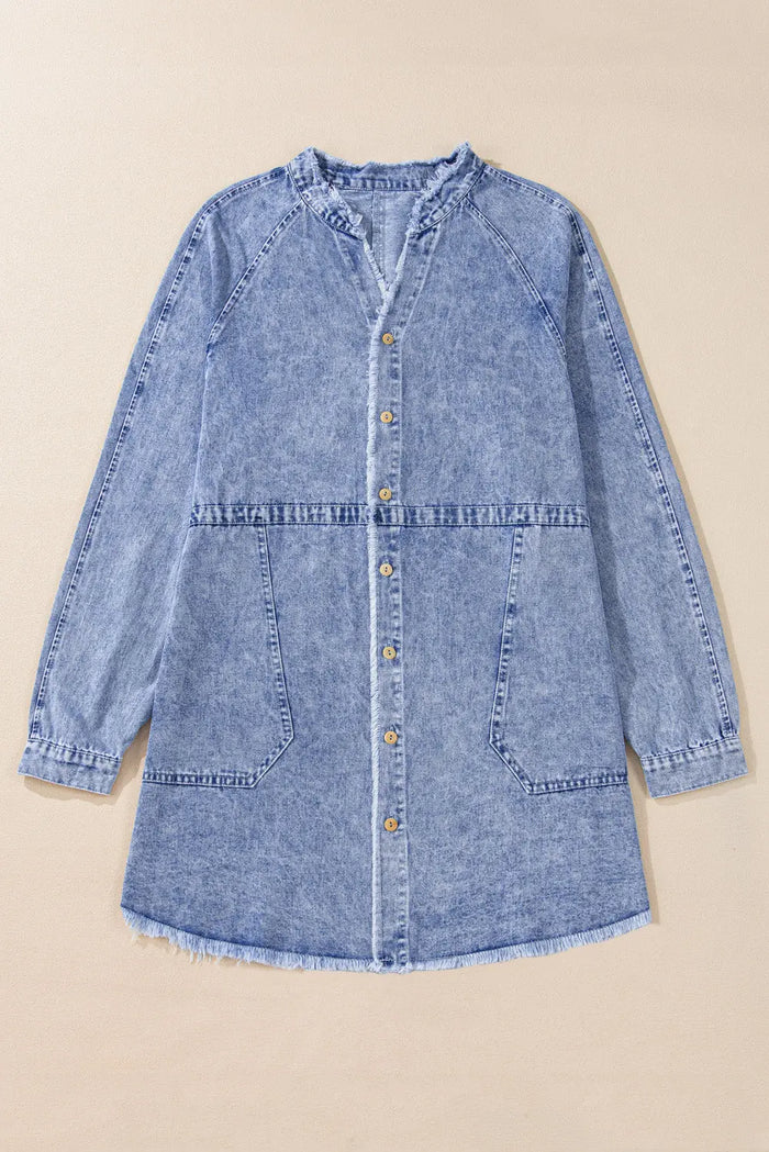 Beau Blue Mineral Wash Long Sleeve Button Up Raw Hem Pocketed Denim Dress - Dresses/Mini Dresses
