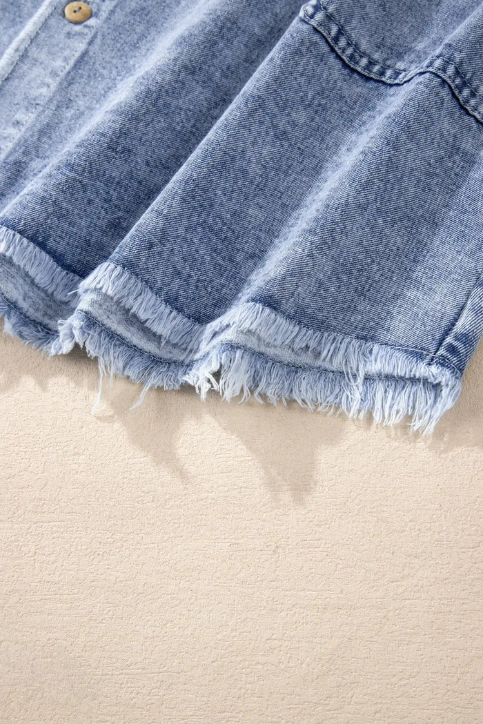 Beau Blue Mineral Wash Long Sleeve Button Up Raw Hem Pocketed Denim Dress - Dresses/Mini Dresses