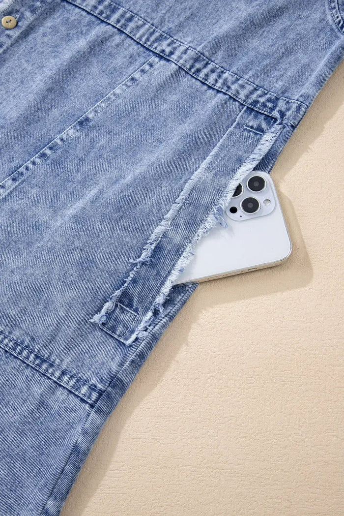 Beau Blue Mineral Wash Long Sleeve Button Up Raw Hem Pocketed Denim Dress - Dresses/Mini Dresses