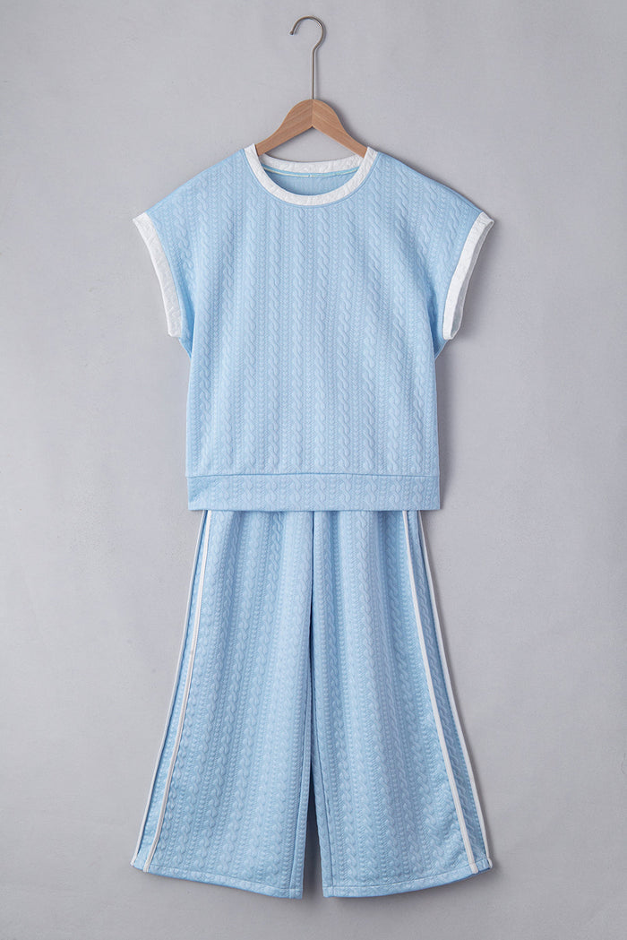 Beau Blue Textured Colourblock Edge Tank Top High Waist Trousers Set - BEAU BLUE / S / 97% POLYESTER + 3% ELASTANE