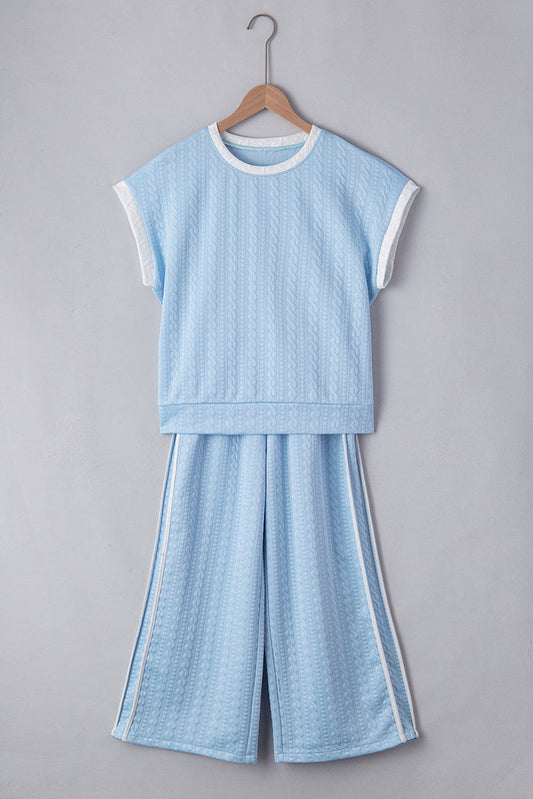 Beau Blue Textured Colourblock Edge Tank Top High Waist Trousers Set - BEAU BLUE / S / 97% POLYESTER + 3% ELASTANE