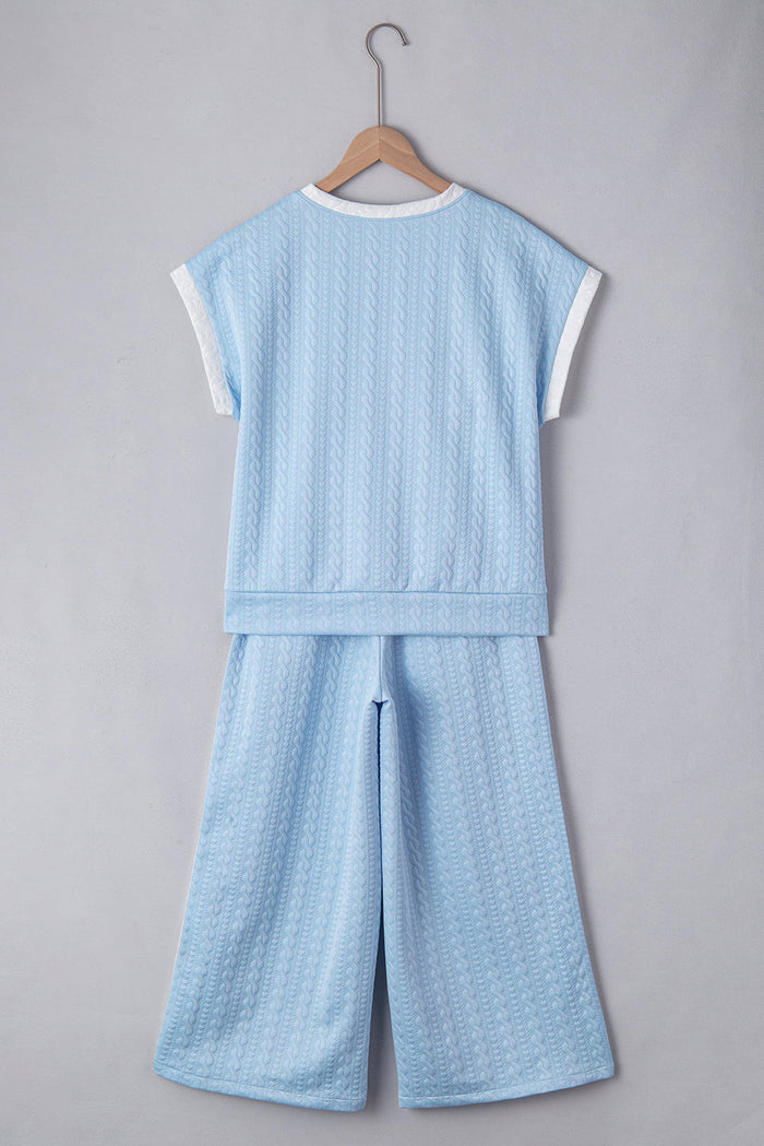 Beau Blue Textured Colourblock Edge Tank Top High Waist Trousers Set - Two Piece Sets/Pant Sets