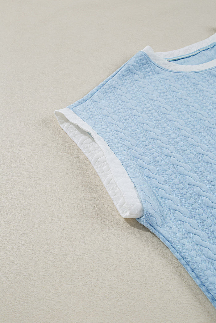 Beau Blue Textured Colourblock Edge Tank Top High Waist Trousers Set - Two Piece Sets/Pant Sets