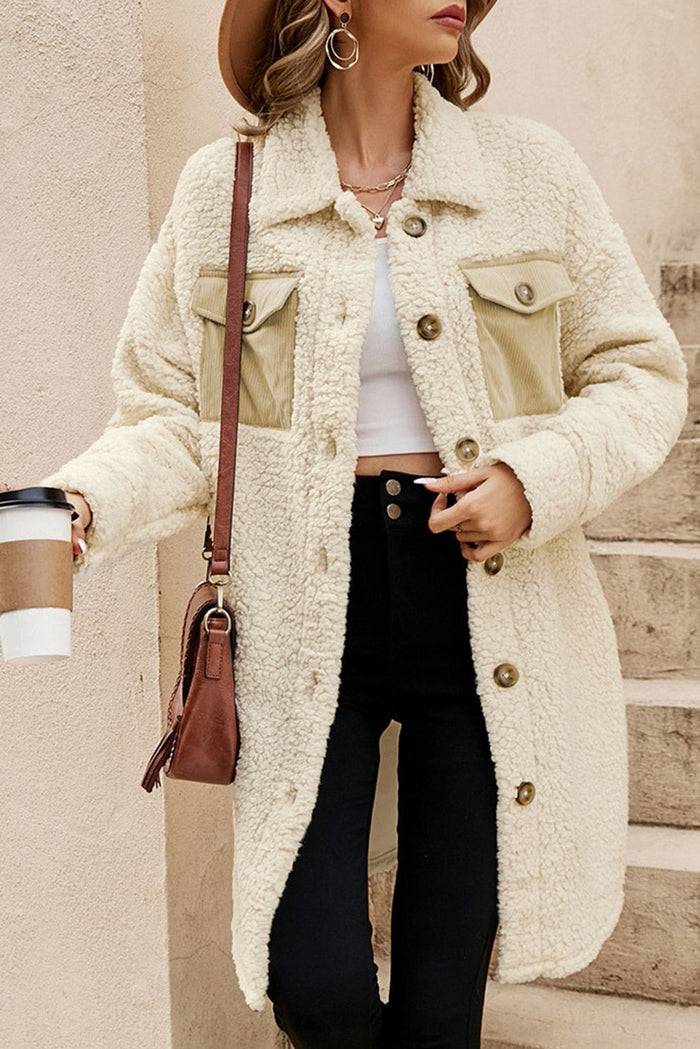 Beige Contrast Flap Pocket Single Breasted Teddy Coat - S - Outerwear/Coats