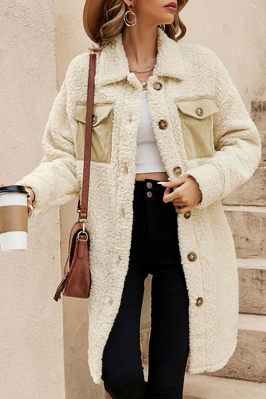 Beige Contrast Flap Pocket Single Breasted Teddy Coat - S - Outerwear/Coats