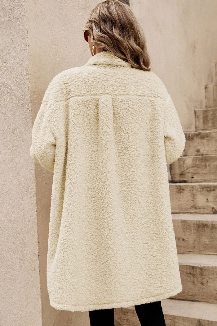 Beige Contrast Flap Pocket Single Breasted Teddy Coat - Outerwear/Coats