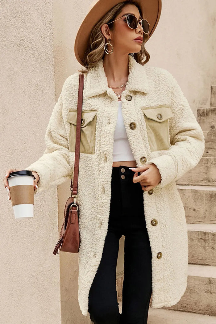 Beige Contrast Flap Pocket Single Breasted Teddy Coat - Outerwear/Coats