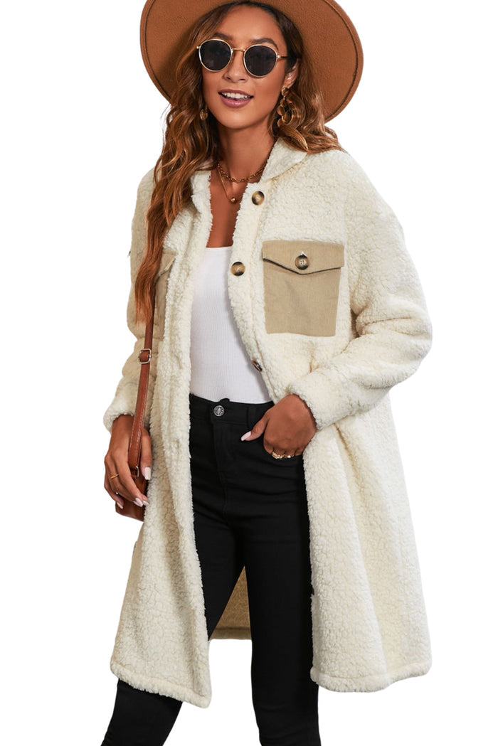 Beige Contrast Flap Pocket Single Breasted Teddy Coat - Outerwear/Coats