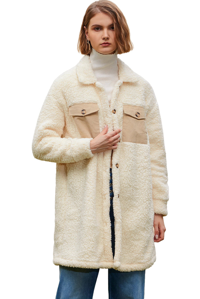 Beige Contrast Flap Pocket Single Breasted Teddy Coat - Outerwear/Coats