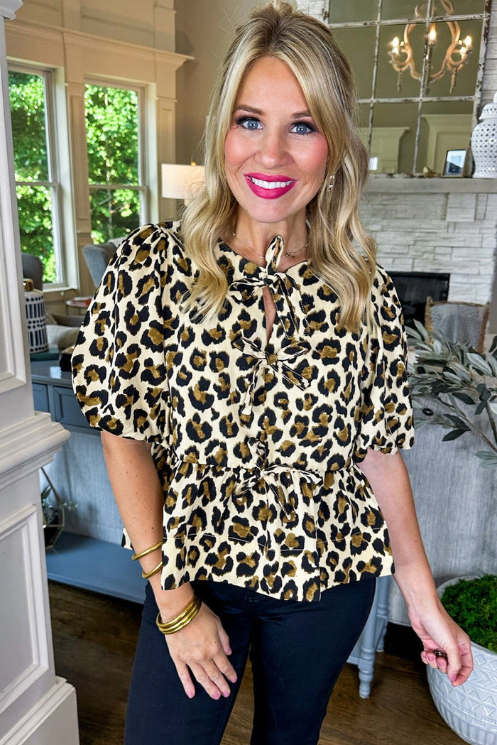 Beige Leopard Bubble Sleeve Bow Tie Front Peplum Blouse - Tops/Blouses & Shirts