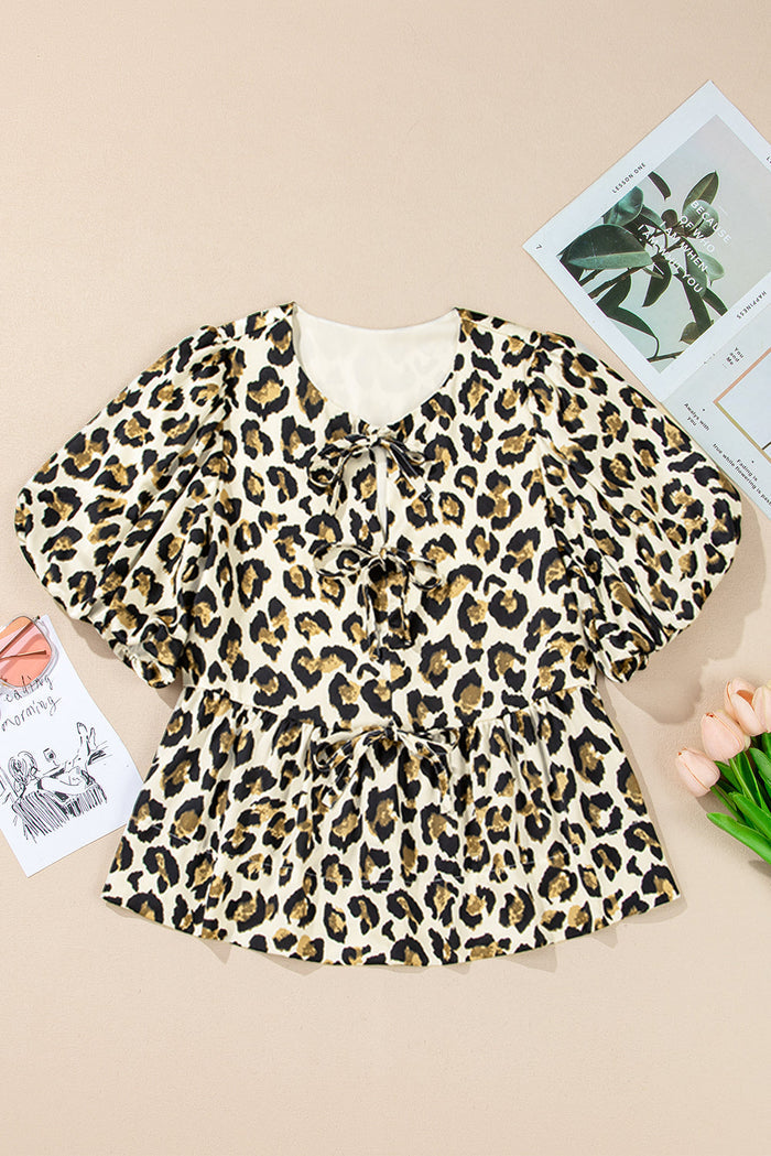 Beige Leopard Bubble Sleeve Bow Tie Front Peplum Blouse - Tops/Blouses & Shirts
