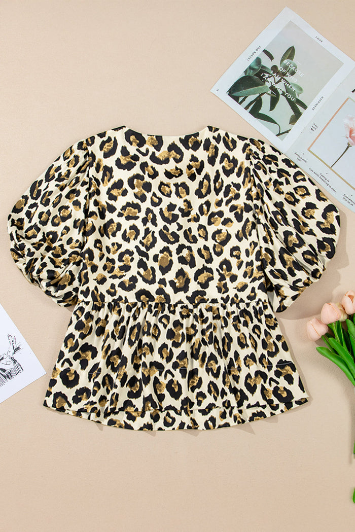 Beige Leopard Bubble Sleeve Bow Tie Front Peplum Blouse - Tops/Blouses & Shirts
