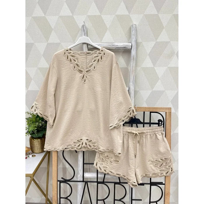 Beige Scallop Detail Top and Shorts Set - Born To Glam