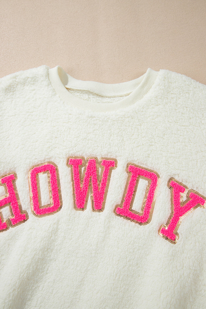 Beige Sherpa HOWDY Patched Pullover Sweatshirt - Tops/Sweatshirts & Hoodies