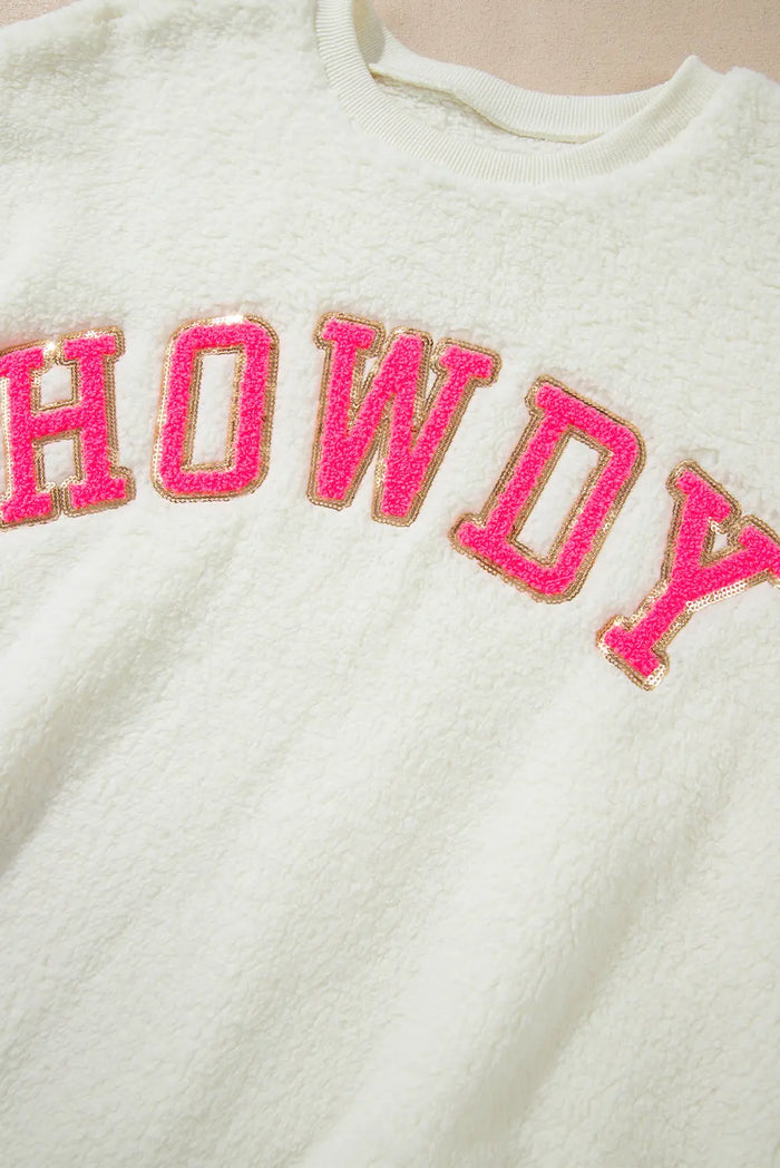 Beige Sherpa HOWDY Patched Pullover Sweatshirt - Tops/Sweatshirts & Hoodies