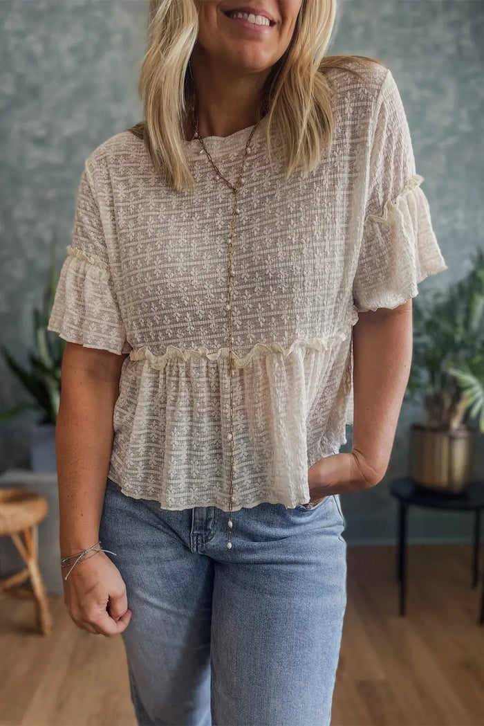 Beige Solid Colour Textured Ruffled Short Sleeve Blouse - S / 90% Polyamide + 10% Elastane - Tops/Blouses & Shirts