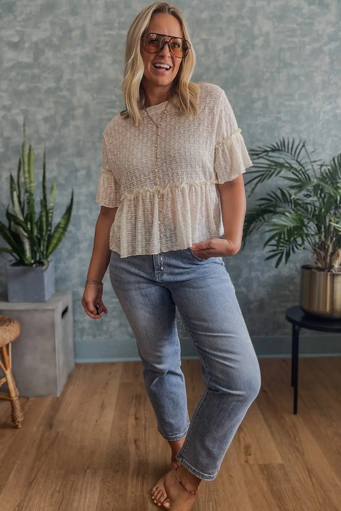Beige Solid Colour Textured Ruffled Short Sleeve Blouse - Tops/Blouses & Shirts