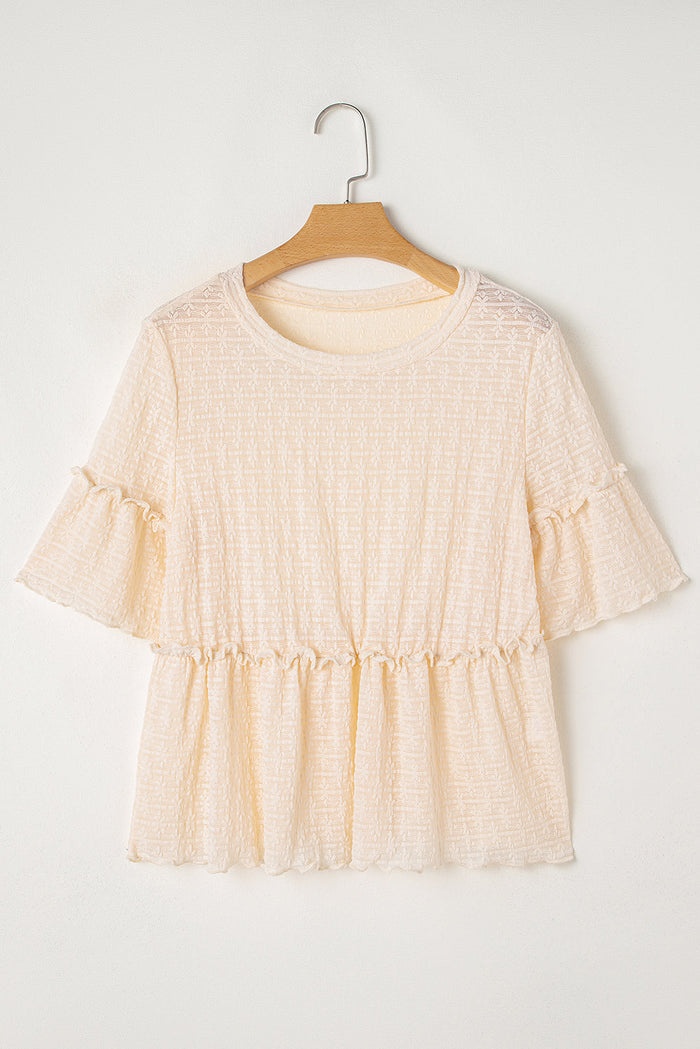 Beige Solid Colour Textured Ruffled Short Sleeve Blouse - Tops/Blouses & Shirts