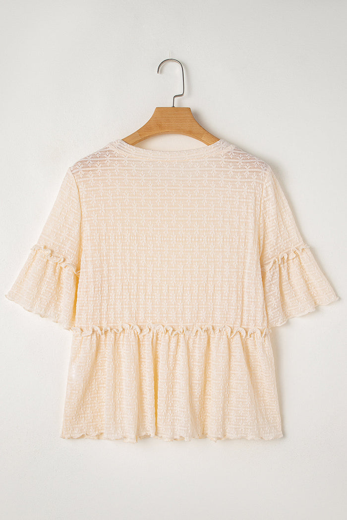 Beige Solid Colour Textured Ruffled Short Sleeve Blouse - Tops/Blouses & Shirts