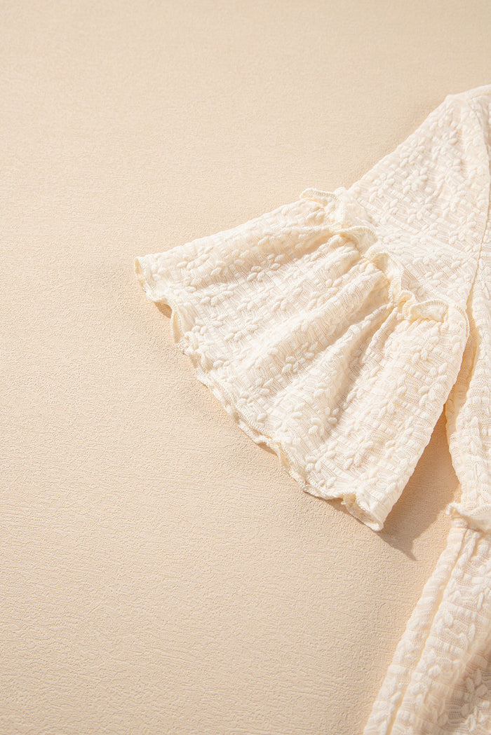 Beige Solid Colour Textured Ruffled Short Sleeve Blouse - Tops/Blouses & Shirts