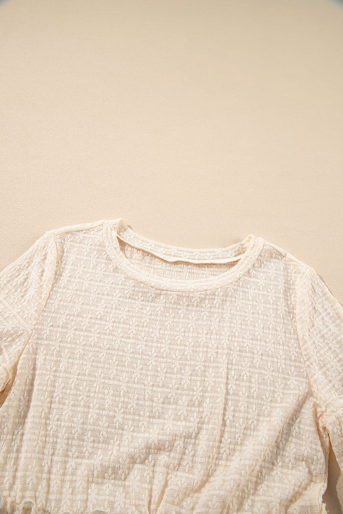 Beige Solid Colour Textured Ruffled Short Sleeve Blouse - Tops/Blouses & Shirts