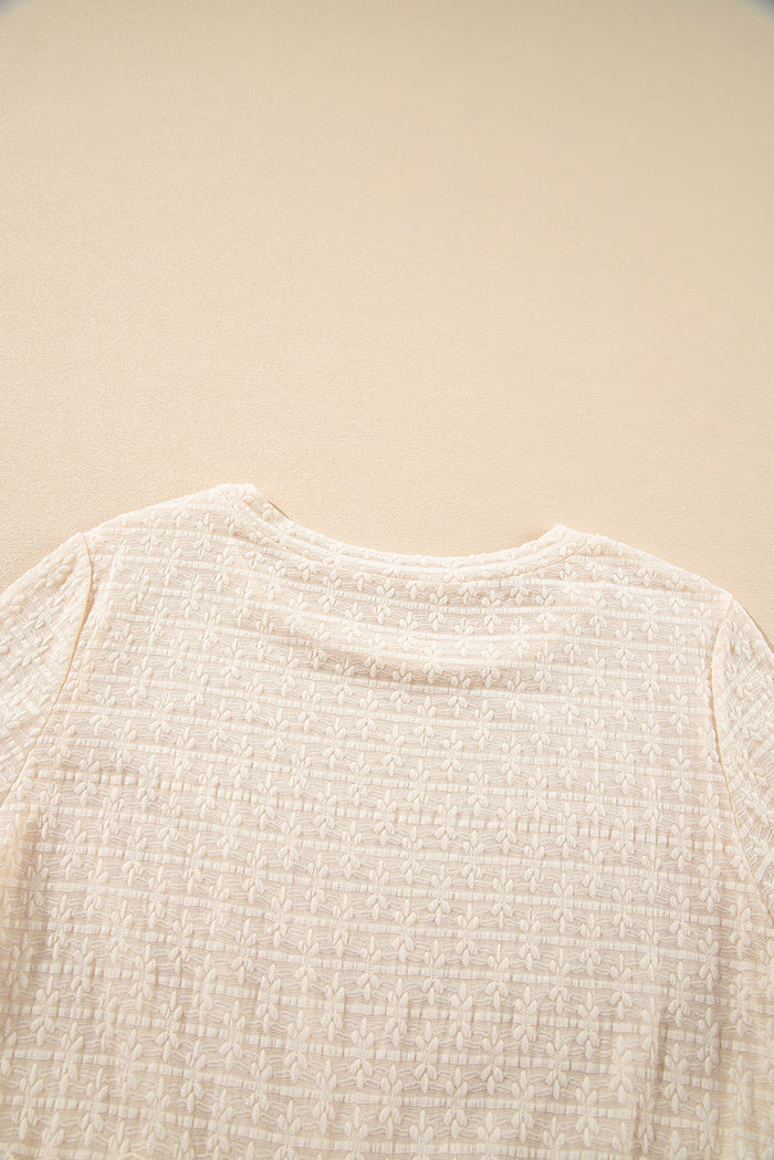 Beige Solid Colour Textured Ruffled Short Sleeve Blouse - Tops/Blouses & Shirts