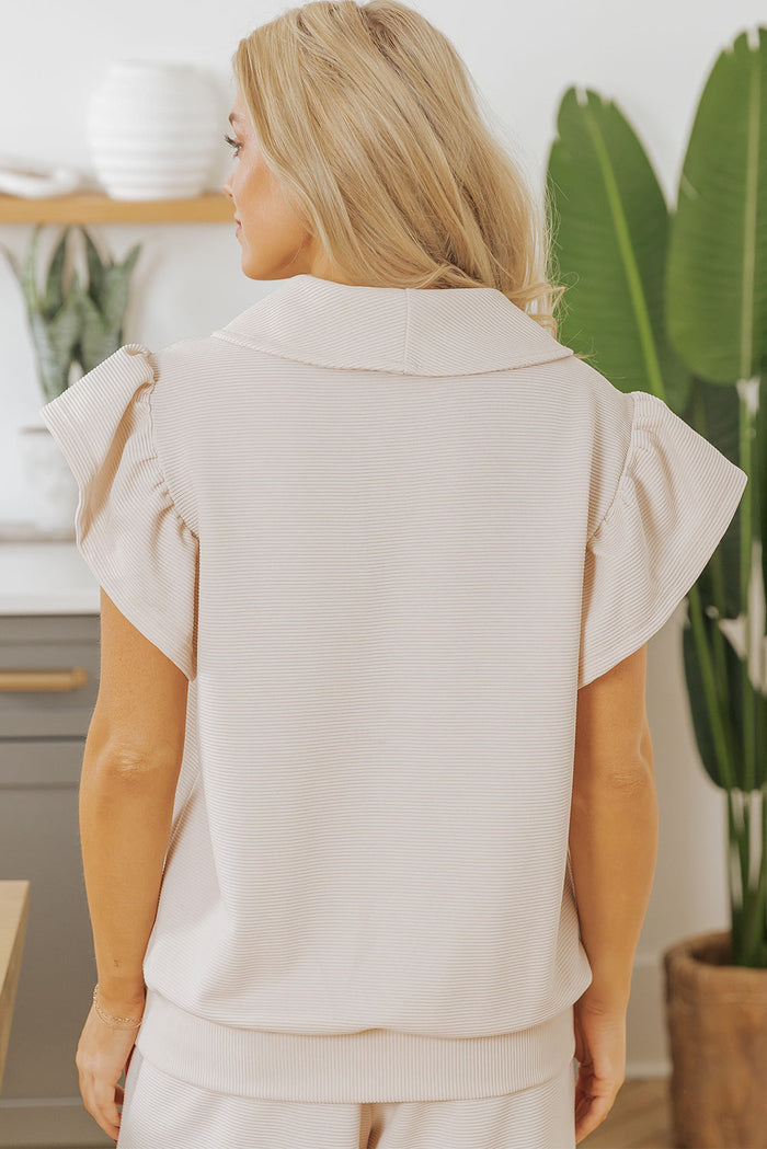 Beige Textured Ruffled Sleeve Zipped Top and Wide Leg Trousers Set - Two Piece Sets/Pant Sets