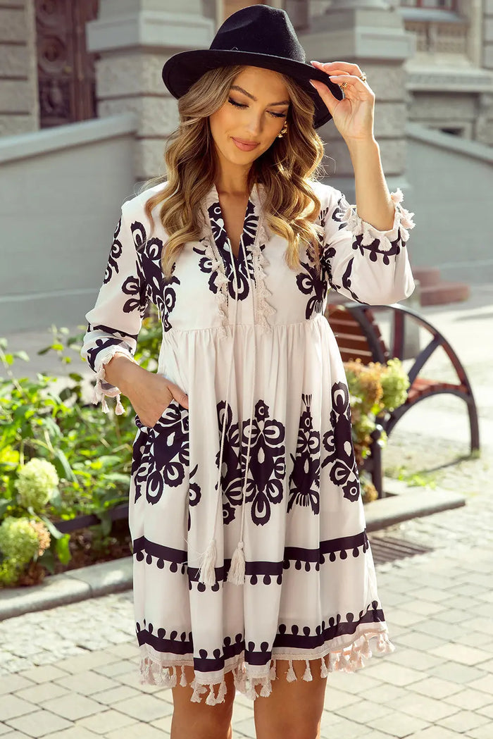 Shop Beige Western Pattern Print Tasseled Notch V Neck Mini Dress at eAura
