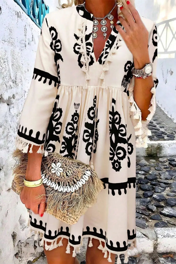 Shop Beige Western Pattern Print Tasseled Notch V Neck Mini Dress at eAura