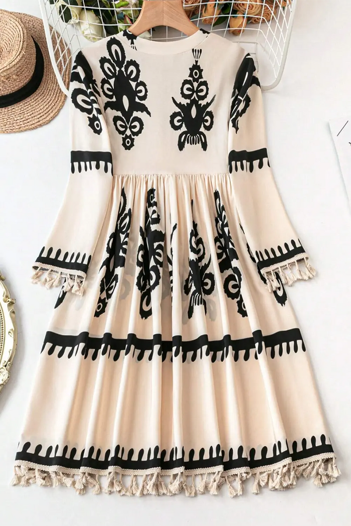 Shop Beige Western Pattern Print Tasseled Notch V Neck Mini Dress at eAura