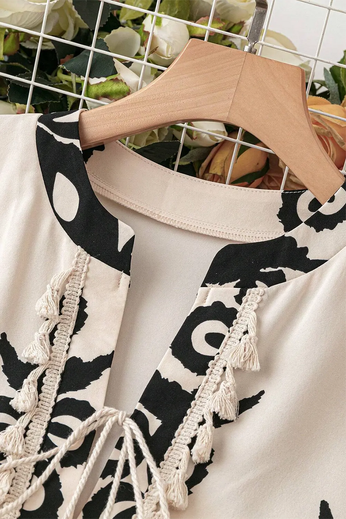 Shop Beige Western Pattern Print Tasseled Notch V Neck Mini Dress at eAura
