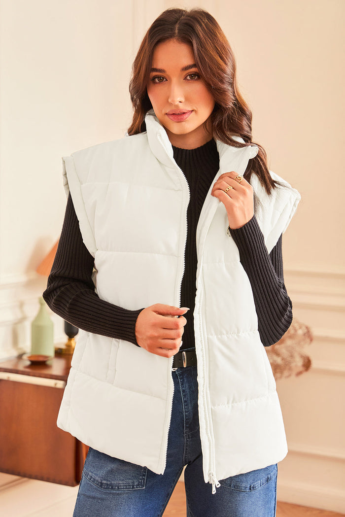 Beige Zipper Stand Neck Oversized Puffer Vest - Outerwear/Vests