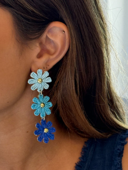 multi-blue triple-flower drop earrings