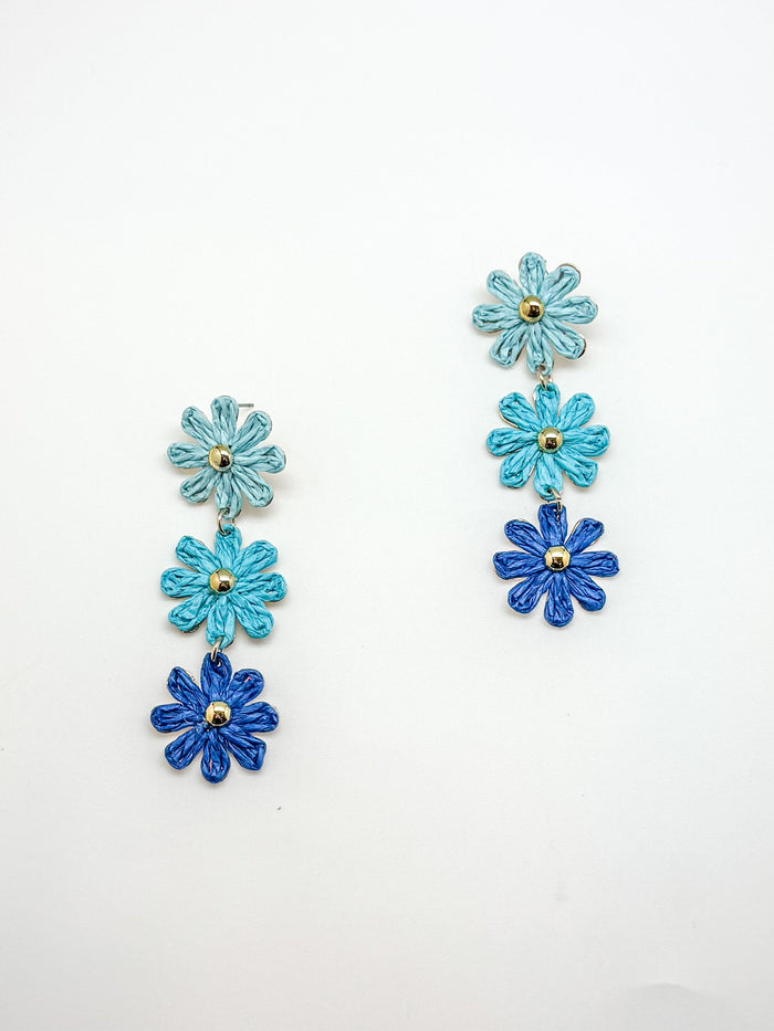 multi-blue triple-flower drop earrings