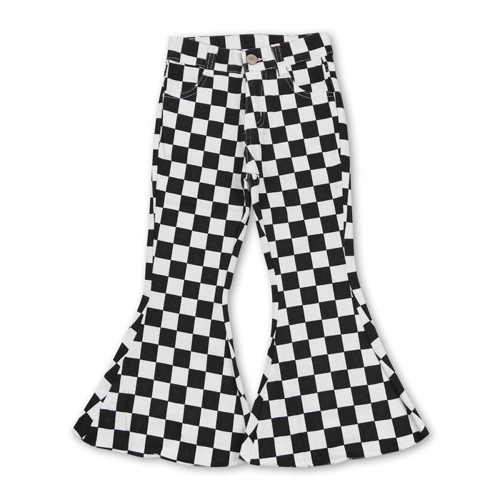 Black plaid denim pants girls bell bottom jeans  Yawoo Garments