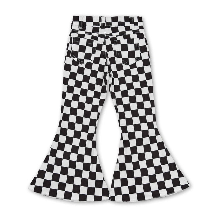 Black plaid denim pants girls bell bottom jeans  Yawoo Garments