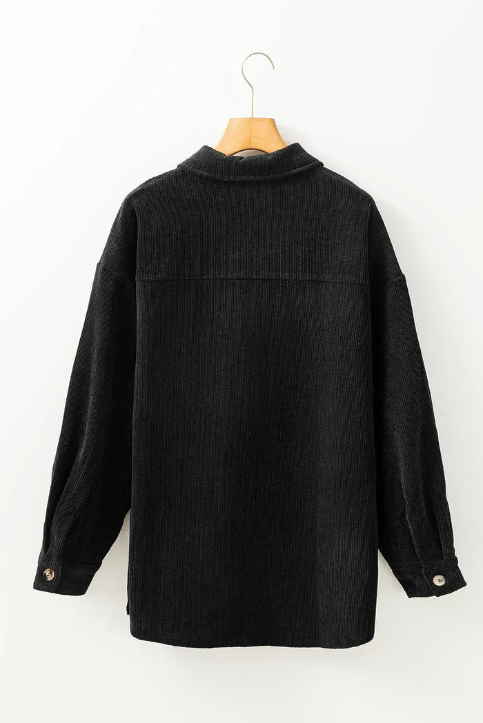 Black Corduroy Flap Pocket Button Up Shacket - Outerwear/Jackets