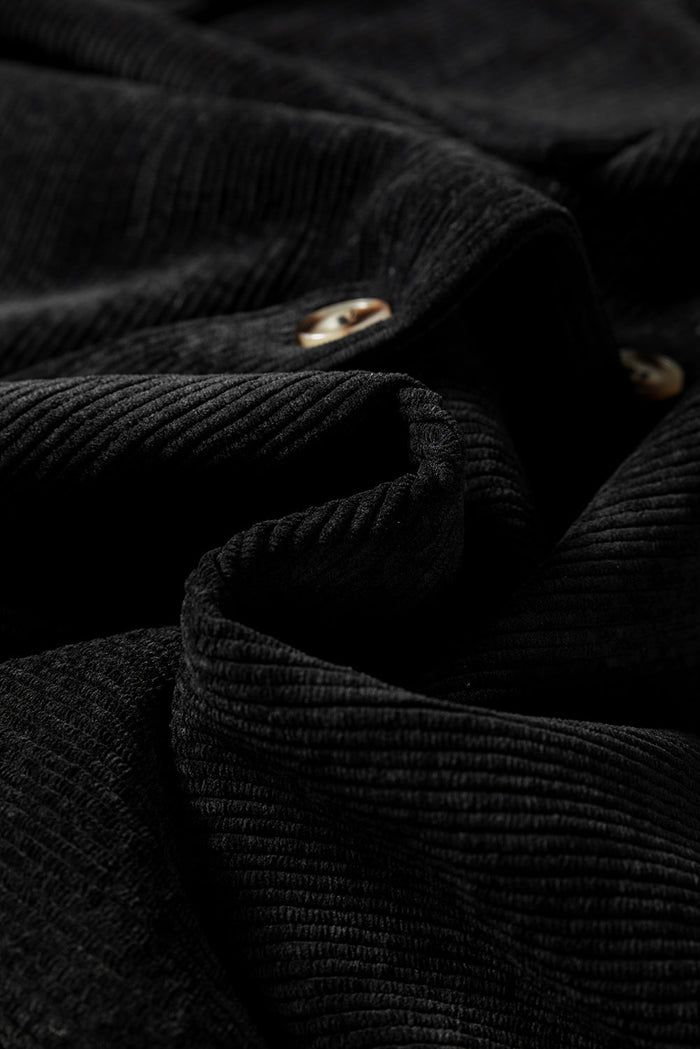 Black Corduroy Flap Pocket Button Up Shacket - Outerwear/Jackets