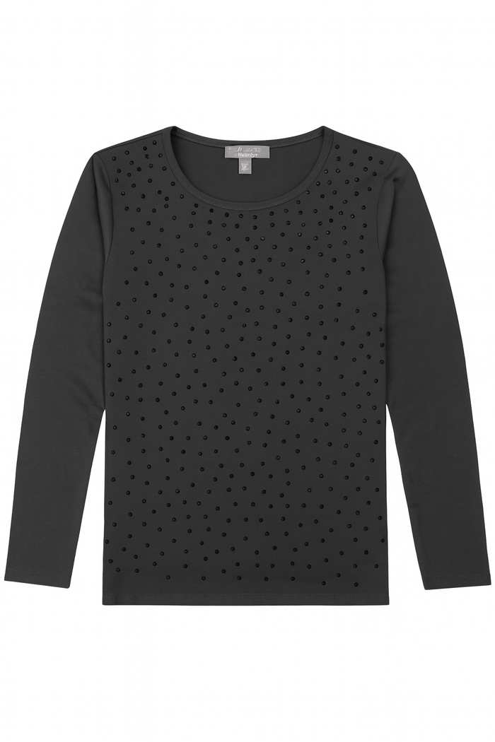 Black long sleeve crew neck top with allover black crystal embellishments for a sleek sparkle detail.