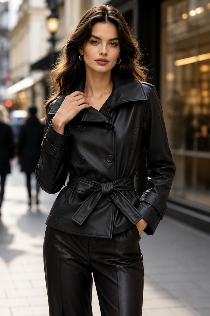 Black Faux Leather Belted Jacket - Born To Glam