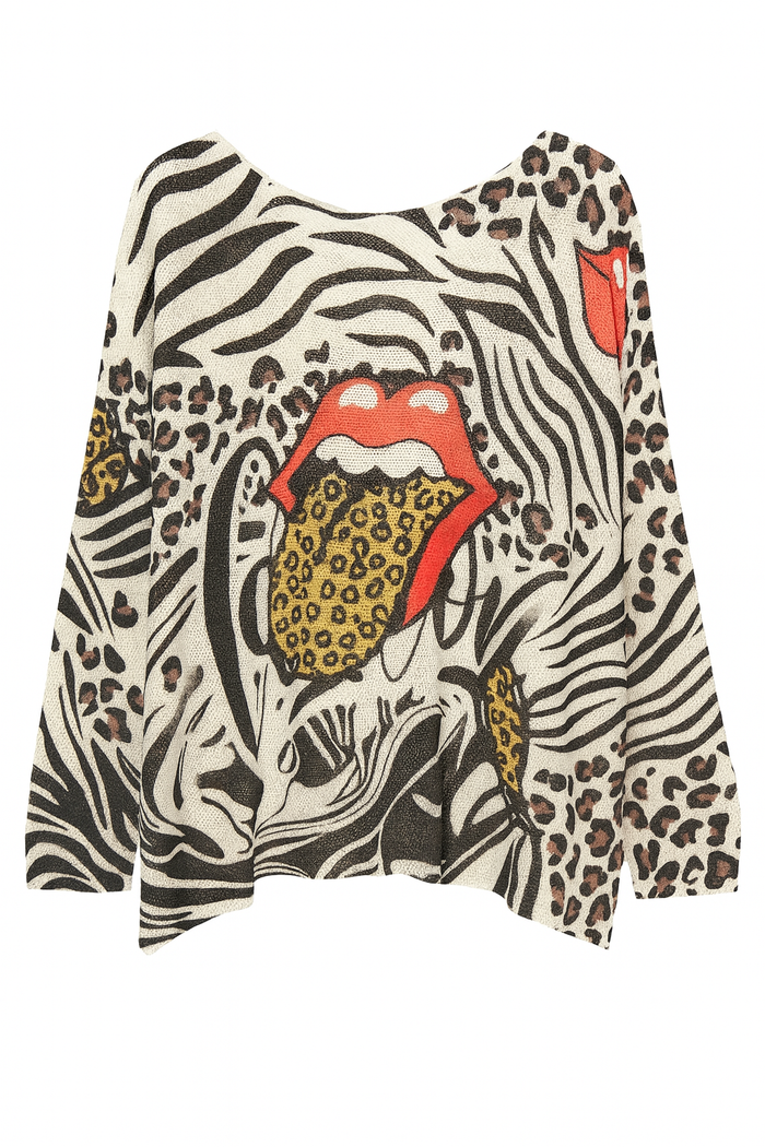 Black long sleeve graphic knit top featuring a bold red lips design with a leopard print tongue and animal print accents.